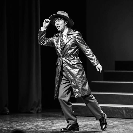 Black-and-white photograph of a man in a shiny, long leather trench coat and wide-brimmed hat, mid-stride on stage, with dramatic