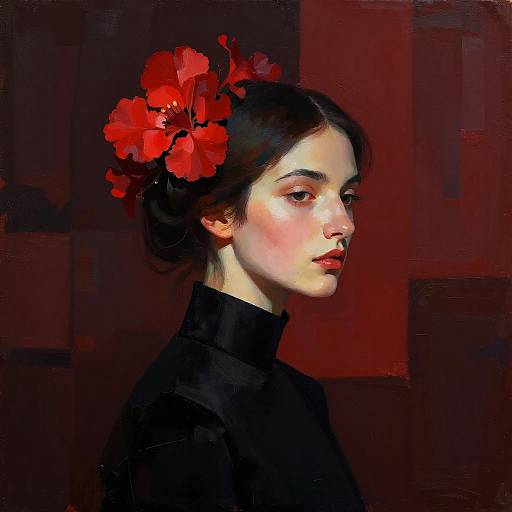 Stylized Portrait with Red Flowers