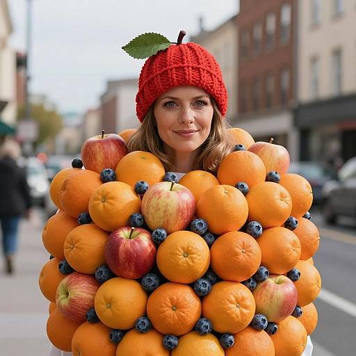 Woman in Fruit Costume with Red Hat Outdoors