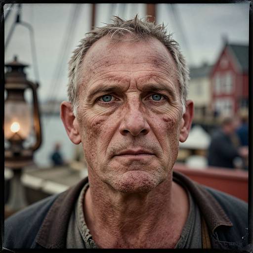 Close-up photograph of a rugged, middle-aged man with gray hair, blue eyes, and weathered skin, wearing a dark shirt, against a blurred