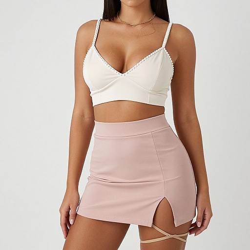 Photograph of a woman with tan skin, long black hair, wearing a white bralette and pink high-waisted mini skirt with a side slit