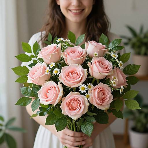 Photograph of a smiling woman with wavy brown hair, holding a bouquet of pink roses and white daisies, against a softly lit background with