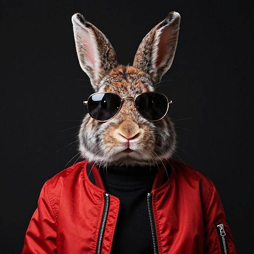 Photograph of a rabbit wearing round sunglasses and a bright red jacket with a black turtleneck, against a black background.