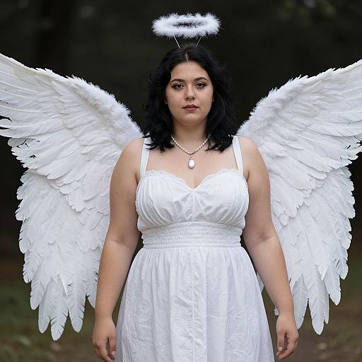 Photograph of a curvy woman with black hair, white angel wings, halo, and white dress, standing in a dark forest.