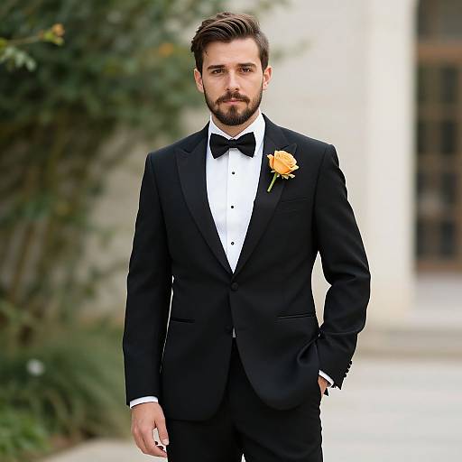 Photograph of a handsome, bearded man in a black tuxedo with a white shirt, black bow tie, and orange rose boutonni