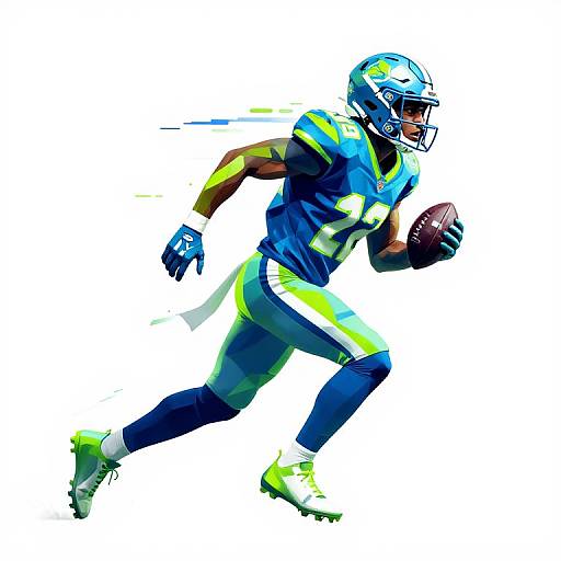 Digital illustration of a male American football player in blue and yellow uniform, holding a football, running against a white background.