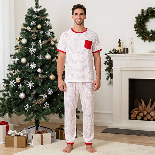 Photograph of a smiling man with short dark hair, wearing white and red polka-dot pajamas, standing in a festive living room with a decorated