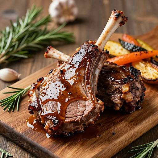 Photograph of a succulent, glazed roasted pork chop with crispy skin, resting on a wooden board with roasted carrots and sprigs of rosemary.