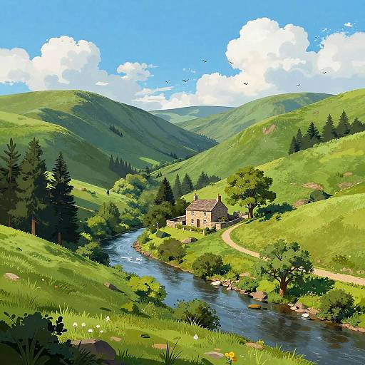 Whimsical Valley Cottage Illustration