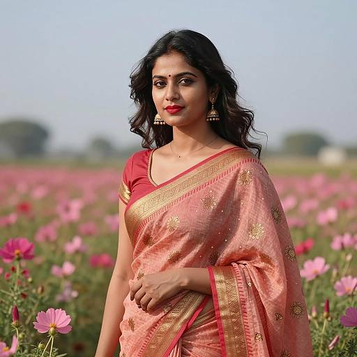 Indian Woman in Traditional Saree in Flower Field