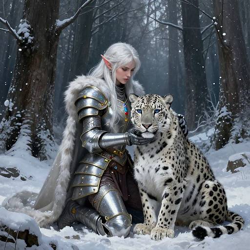 Digital art: Elven warrior with silver hair and pointed ears, in gleaming armor and fur cloak, kneels in snowy forest, gently touching a