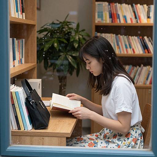 Photograph of an Asian woman with shoulder-length black hair, wearing a white t-shirt and floral skirt, reading a book at a library study table.