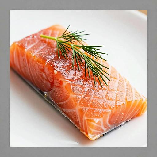 Photograph of a glossy, vibrant orange salmon fillet with a sprig of fresh dill on a white plate.