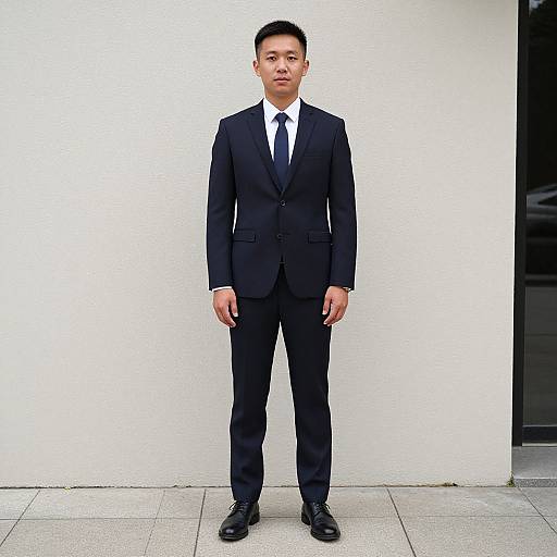 Photograph of an Asian man in a black suit, white shirt, and black tie standing against a white wall and tiled floor.