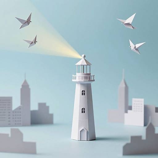 Digital illustration of a white lighthouse with a bright beam, surrounded by four white paper airplanes, against a blue sky with blurred city buildings in the background