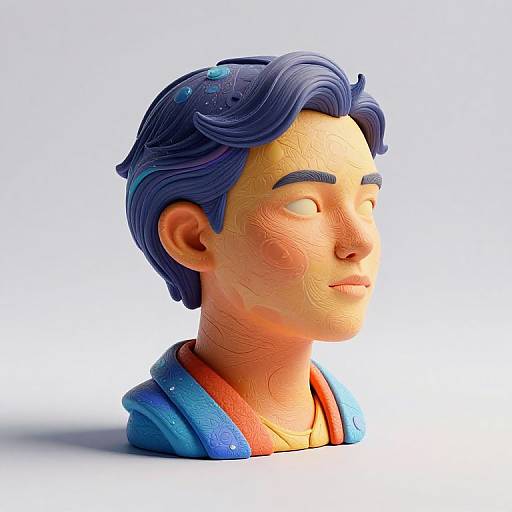 3D digital sculpture of an Asian man with blue hair, closed eyes, and a serene expression, wearing a blue and orange robe.