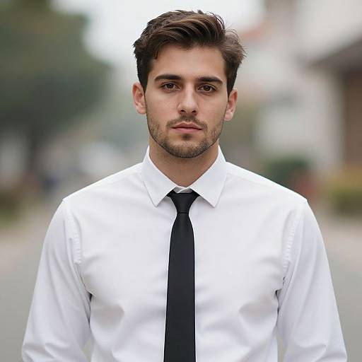 Photograph of a handsome young man with dark hair, light skin, and a trimmed beard, wearing a white shirt and black tie, standing on a