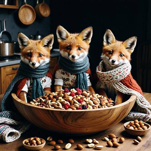 Three Foxes in Scarves with Mixed Nuts in Wooden Bowl