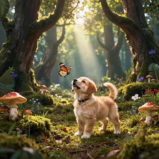 Puppy and Butterfly in Enchanted Forest