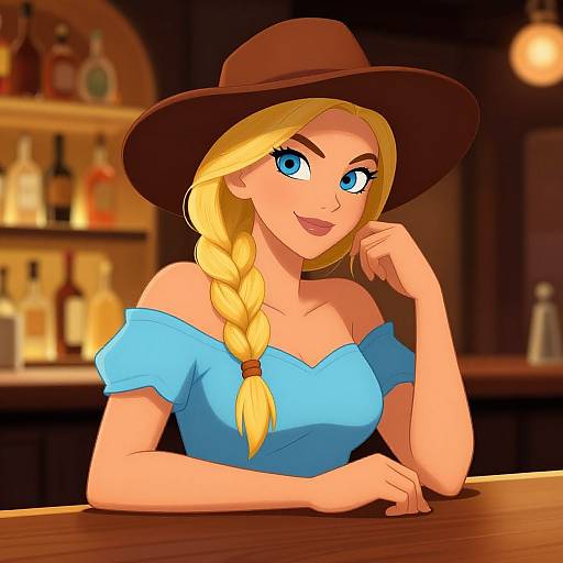 Digital illustration of a blonde woman with blue eyes, wearing a brown hat and blue off-shoulder top, leaning on a bar counter with a smile