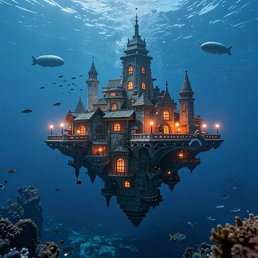 Photograph: Illuminated, Gothic-style floating castle with ornate towers and warm lights, surrounded by underwater fish and coral, in a deep blue ocean