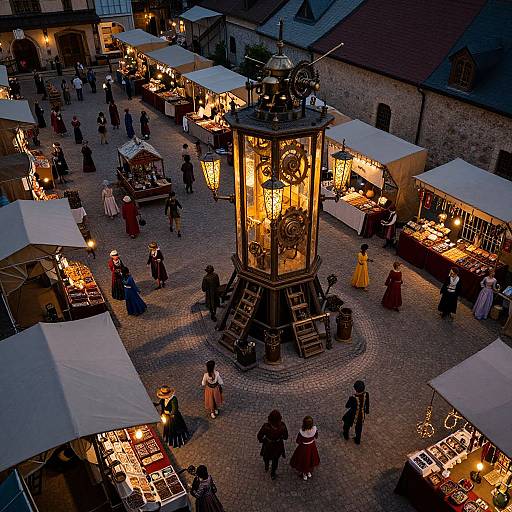 Photograph of a bustling evening market with illuminated stalls, people in vintage clothing, and a central clock tower surrounded by white tents.