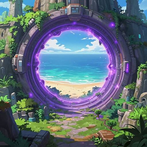 Digital artwork of a futuristic, circular portal emitting purple energy, revealing a vibrant beach with turquoise water and blue sky, surrounded by lush greenery and ancient