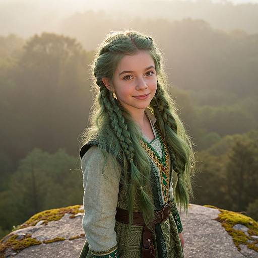 Photograph of a young woman with green braided hair, wearing a medieval-style green and brown dress, standing on a mossy rock, with a