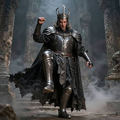 Photograph of a fierce, armored king in a tattered black cloak, crown, and silver armor, striking a powerful pose in a smoky,