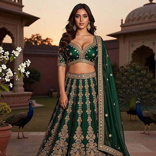 Photograph of a beautiful South Asian woman in a green and gold embroidered traditional outfit, standing in a sunset-lit garden with peacocks, orn