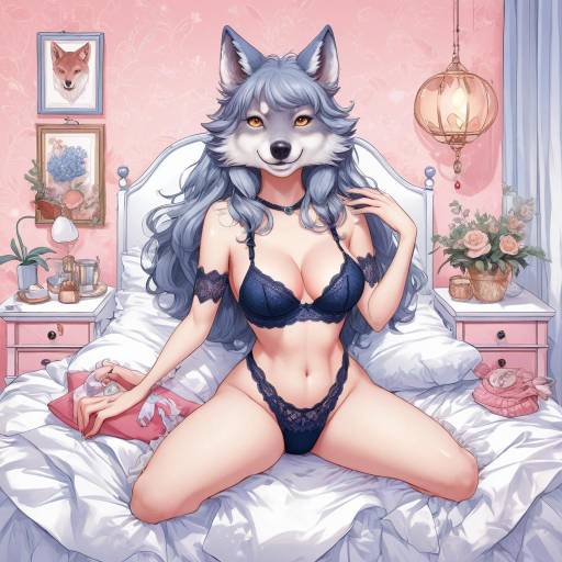 Anime Style Woman in Blue Lingerie with Wolf Ears