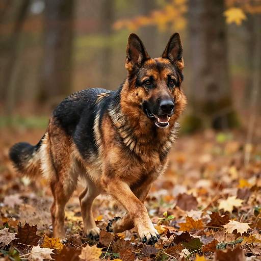 German Shepherd Running in Autumn Forest