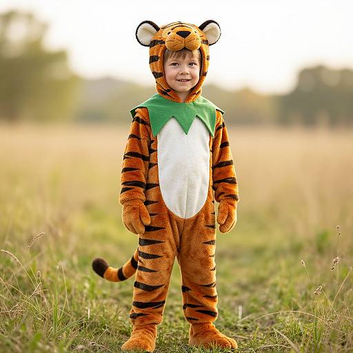 Photograph of a smiling young boy in a tiger onesie with orange stripes, green chest, and white belly, standing in a grassy field with
