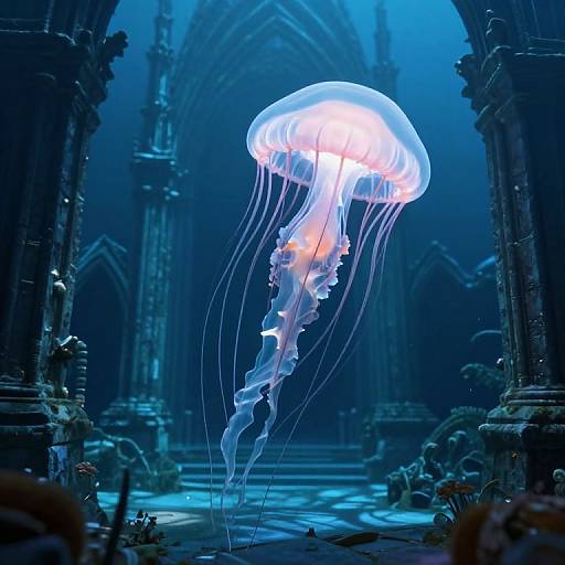 Photograph of a glowing, translucent jellyfish floating in a dark, Gothic cathedral-like underwater scene with arched columns and blue lighting.