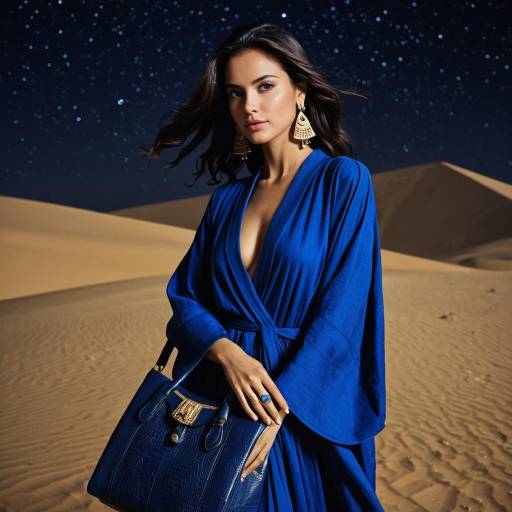 Elegant Woman in Blue Robe in Desert Night