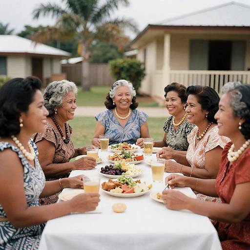 Photograph of seven smiling older women with diverse ethnicities, wearing patterned dresses and pearl necklaces, dining outdoors with plates of food and drinks,