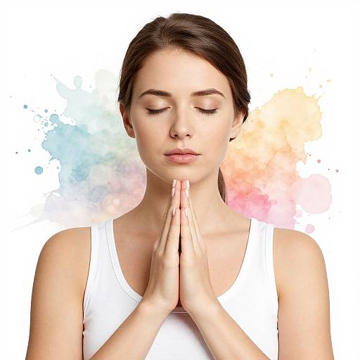 Photograph of a fair-skinned woman with brown hair in a white tank top, eyes closed, hands in prayer pose, against a colorful watercolor