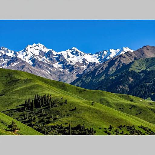 Photograph of a vivid mountain landscape featuring green rolling hills, a cluster of dark trees, and a bright blue sky with snow-capped, rugged peaks