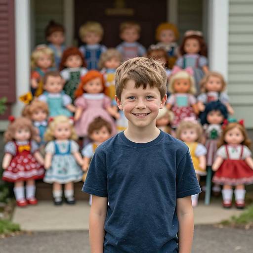 Photograph of a smiling young boy in a navy t-shirt, standing in front of a blurred background of numerous colorful dollhouse dolls on a porch.
