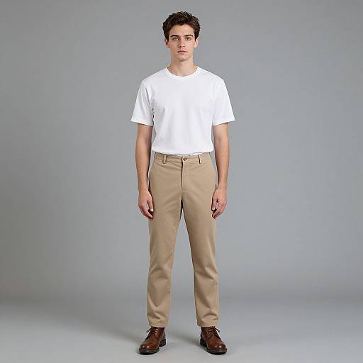 Photograph of a young man with short dark hair, wearing a white T-shirt, beige pants, and brown shoes, standing against a plain gray background