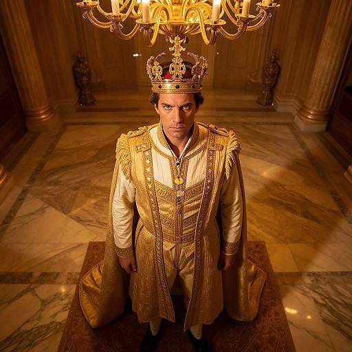 Photograph of a serious man in an ornate gold robe and crown, standing under a chandelier in a luxurious marble hallway.