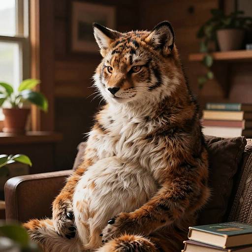 Photograph of a realistic CGI anthropomorphic tiger with brown and black stripes, white underbelly, sitting on a brown armchair in a sunlit
