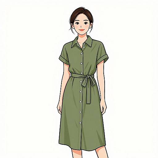 Digital illustration of an Asian woman with fair skin, dark hair in a bun, wearing a green, short-sleeved, button-up dress with a