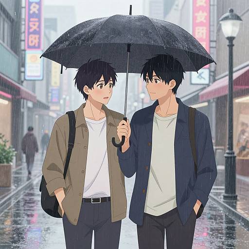 Anime-style digital drawing of two young men with black hair, holding a shared umbrella in a rainy city street at night. Both wear jackets over white shirts