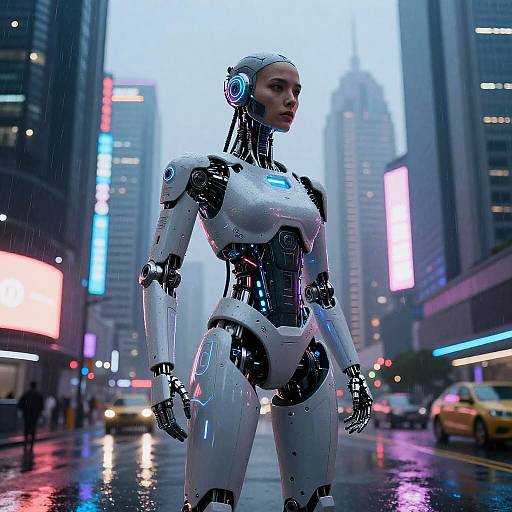 Photorealistic CGI of a sleek, white female humanoid robot with blue headphones standing in a rainy, neon-lit NYC street.