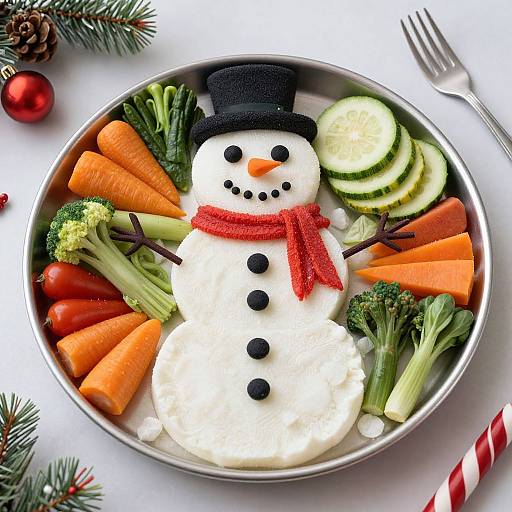 Photograph of a snowman-shaped food platter with white cream, black buttons, red scarf, carrot sticks, cucumber slices, broccoli, and a