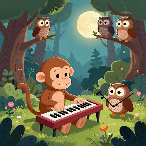 Cartoon-style forest scene: smiling monkey plays keyboard, two owls on branches sing, full moon in background, vibrant flowers and trees.