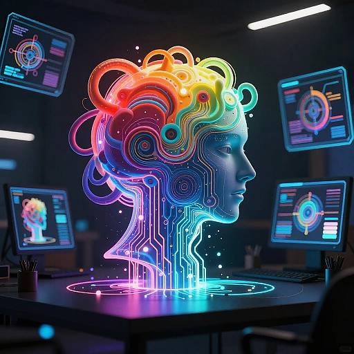 Futuristic AI Artist in Cyberpunk Studio