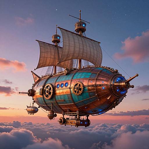 Steampunk Airship at Colorful Sunset