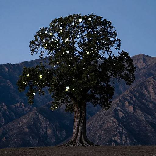 Photograph of a lone tree with glowing white lights, set against a dark mountain range under a twilight blue sky.